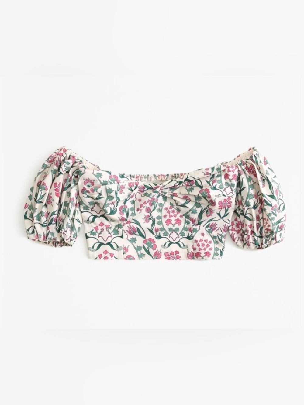 NWOT Abercrombie & Fitch Floral Puff-Sleeve Crop Top medium pink green and cream